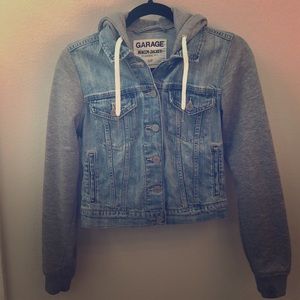 denim jacket with sweatshirt sleeves
